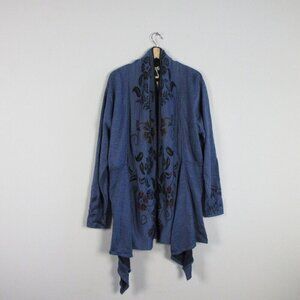 Wuaman Women's Long Cardigan Sweater Alpaca Knit Open Front Floral Blue XL 524